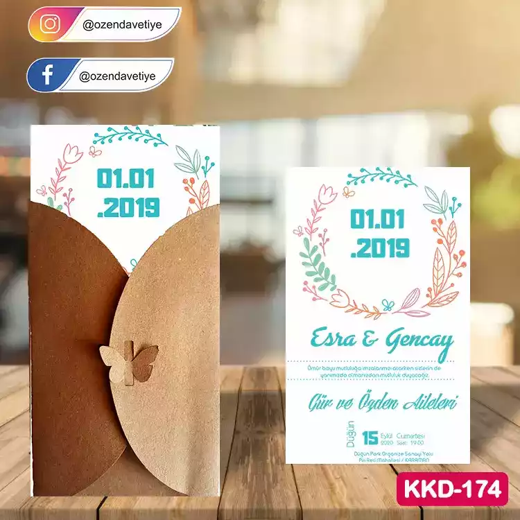 ozen-davetiye-Düğün Davetiyesi - Kelebekli Kraft Zarflı Davetiye Model No:174