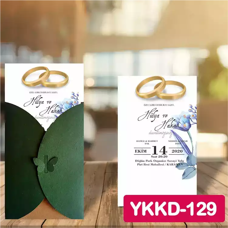ozen-davetiye-Düğün Davetiyesi - Yeşil Kelebekli Kraft Zarflı Davetiye Model No:129