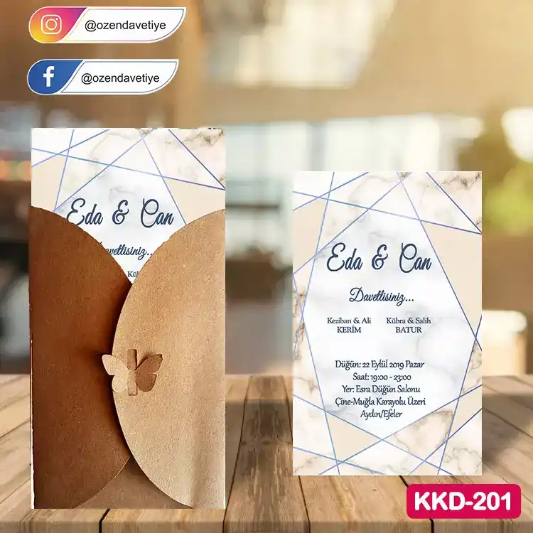ozen-davetiye-Düğün Davetiyesi - Kelebekli Kraft Zarflı Davetiye Model No:201