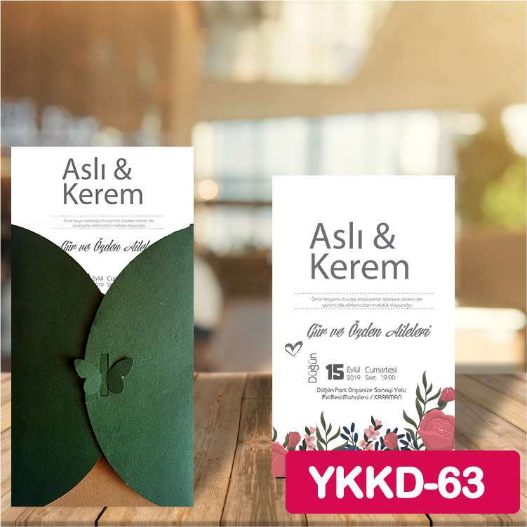 ozen-davetiye-Düğün Davetiyesi - Yeşil Kelebekli Kraft Zarflı Davetiye Model No:63