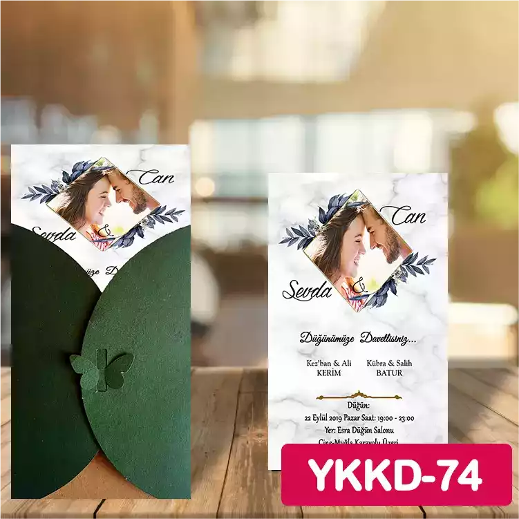 ozen-davetiye-Düğün Davetiyesi - Yeşil Kelebekli Kraft Zarflı Davetiye Model No:74