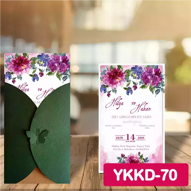 ozen-davetiye-Düğün Davetiyesi - Yeşil Kelebekli Kraft Zarflı Davetiye Model No:70