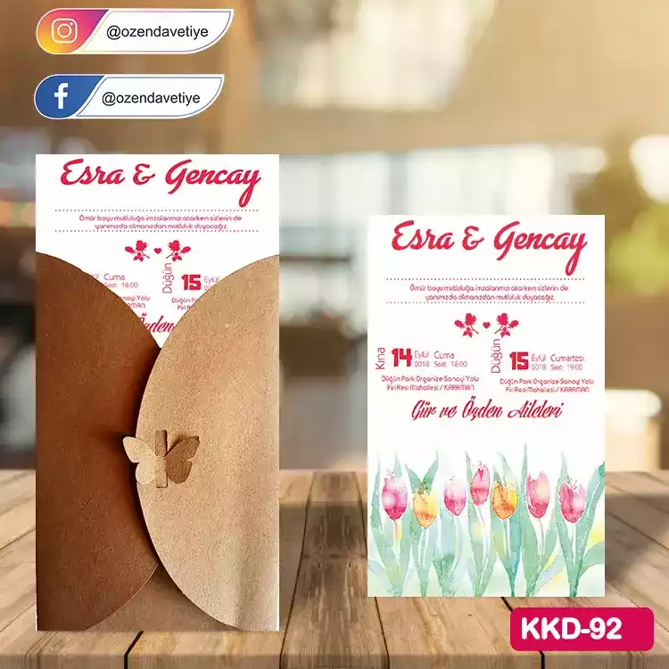 ozen-davetiye-Düğün Davetiyesi - Kelebekli Kraft Zarflı Davetiye Model No:92