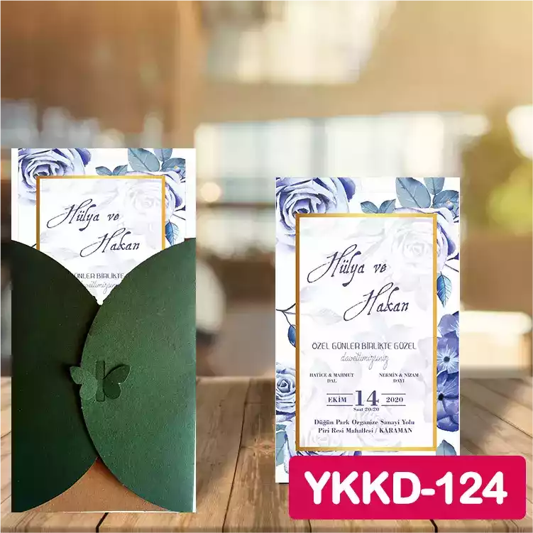 ozen-davetiye-Düğün Davetiyesi - Yeşil Kelebekli Kraft Zarflı Davetiye Model No:124