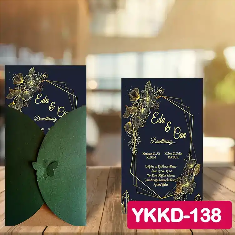 ozen-davetiye-Düğün Davetiyesi - Yeşil Kelebekli Kraft Zarflı Davetiye Model No:138