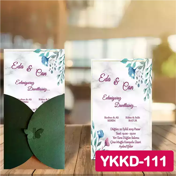 ozen-davetiye-Düğün Davetiyesi - Yeşil Kelebekli Kraft Zarflı Davetiye Model No:111