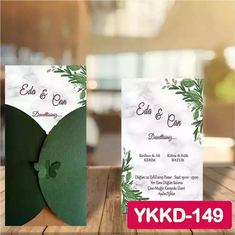 ozen-davetiye-Düğün Davetiyesi - Yeşil Kelebekli Kraft Zarflı Davetiye Model No:149