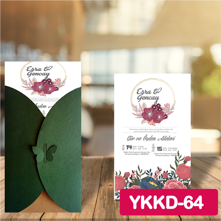 ozen-davetiye-Düğün Davetiyesi - Yeşil Kelebekli Kraft Zarflı Davetiye Model No:64