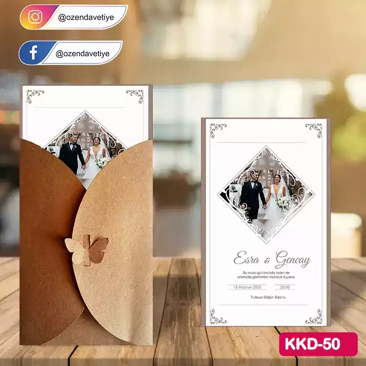 ozen-davetiye-Düğün Davetiyesi -  Kelebekli Kraft Zarflı Davetiye Model No:50