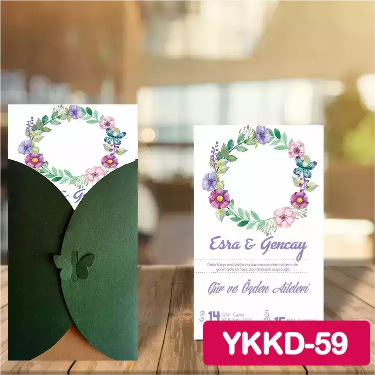 ozen-davetiye-Düğün Davetiyesi - Yeşil Kelebekli Kraft Zarflı Davetiye Model No:59