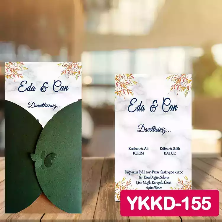 ozen-davetiye-Düğün Davetiyesi - Yeşil Kelebekli Kraft Zarflı Davetiye Model No:155