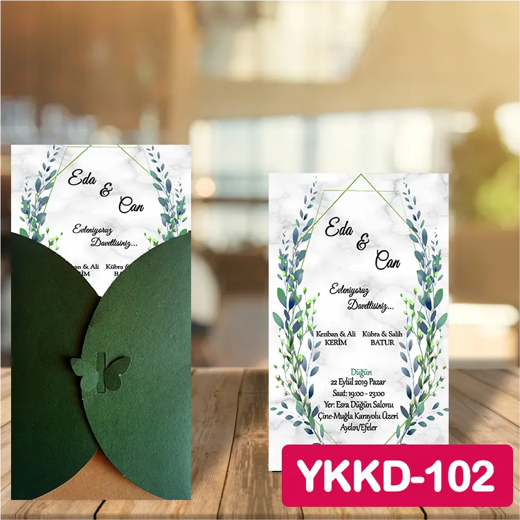 ozen-davetiye-Düğün Davetiyesi - Yeşil Kelebekli Kraft Zarflı Davetiye Model No:102
