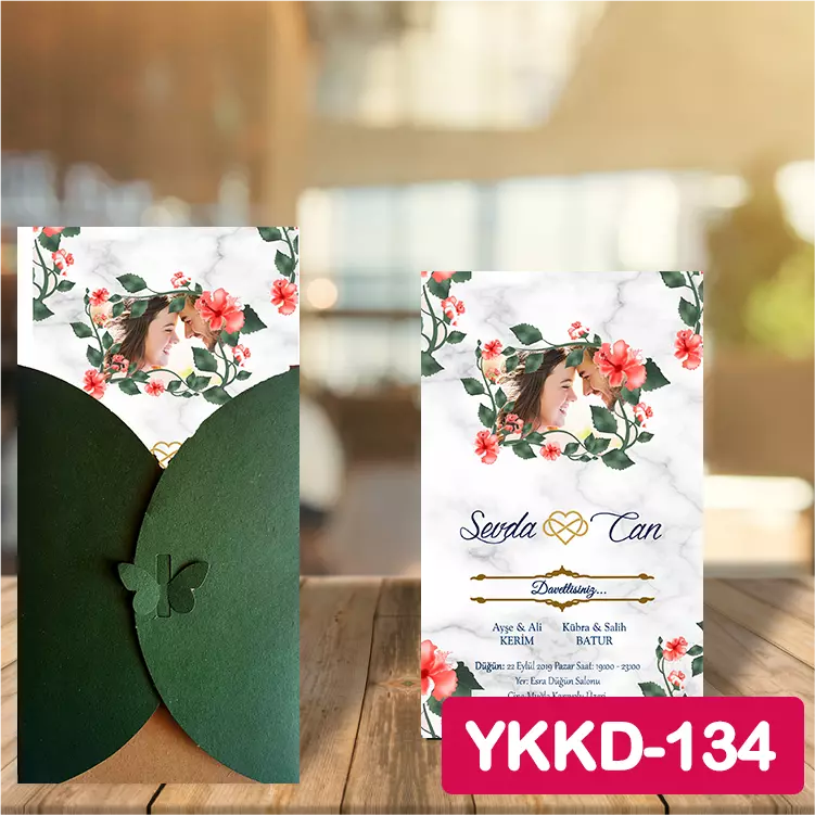ozen-davetiye-Düğün Davetiyesi - Yeşil Kelebekli Kraft Zarflı Davetiye Model No:134