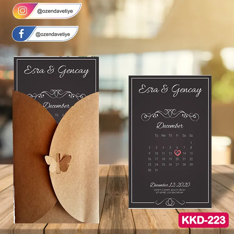 ozen-davetiye-Düğün Davetiyesi - Kelebekli Kraft Zarflı Davetiye Model No:223