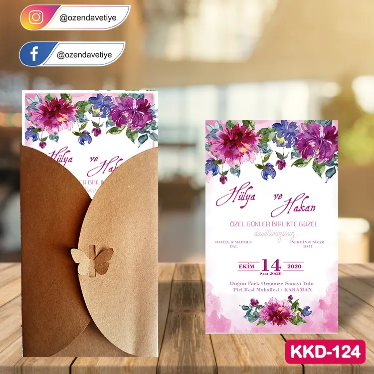 ozen-davetiye-Düğün Davetiyesi - Kelebekli Kraft Zarflı Davetiye Model No:124