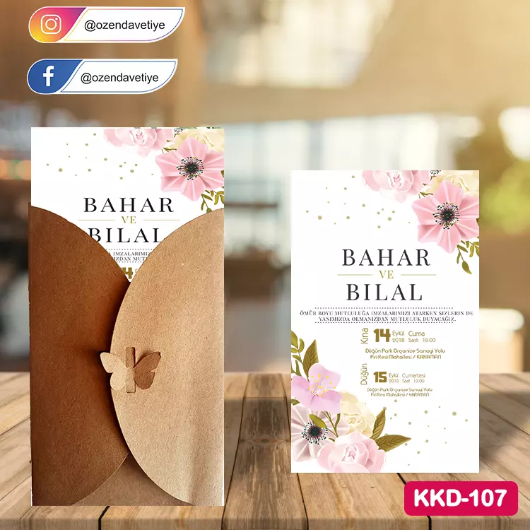 ozen-davetiye-Düğün Davetiyesi - Kelebekli Kraft Zarflı Davetiye Model No:107