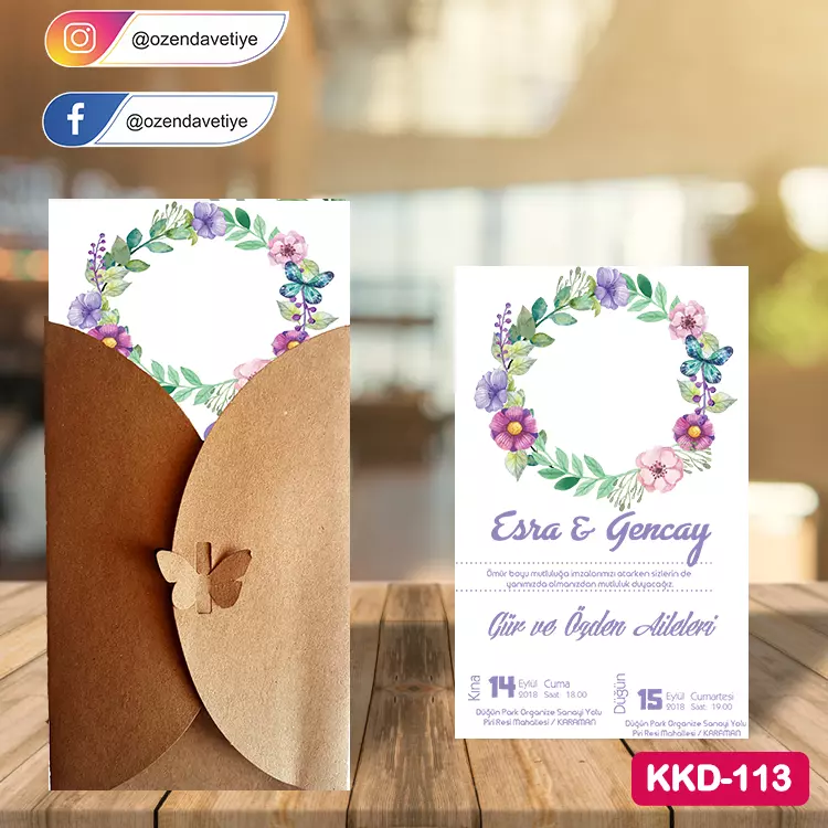 ozen-davetiye-Düğün Davetiyesi - Kelebekli Kraft Zarflı Davetiye Model No:113