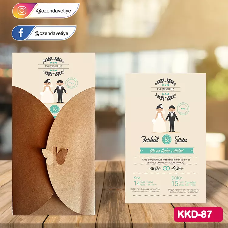 ozen-davetiye-Düğün Davetiyesi - Kelebekli Kraft Zarflı Davetiye Model No:87