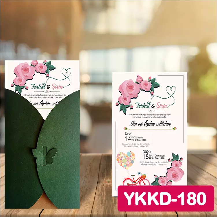 ozen-davetiye-Düğün Davetiyesi - Yeşil Kelebekli Kraft Zarflı Davetiye Model No:180
