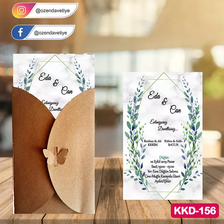 ozen-davetiye-Düğün Davetiyesi - Kelebekli Kraft Zarflı Davetiye Model No:156