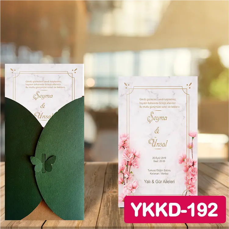 ozen-davetiye-Düğün Davetiyesi - Yeşil Kelebekli Kraft Zarflı Davetiye Model No:192