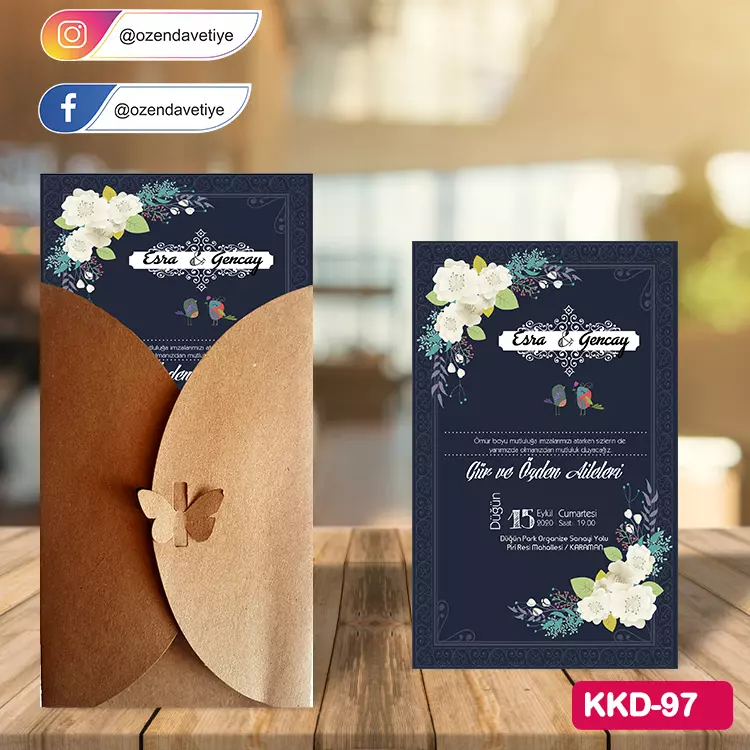 ozen-davetiye-Düğün Davetiyesi - Kelebekli Kraft Zarflı Davetiye Model No:97