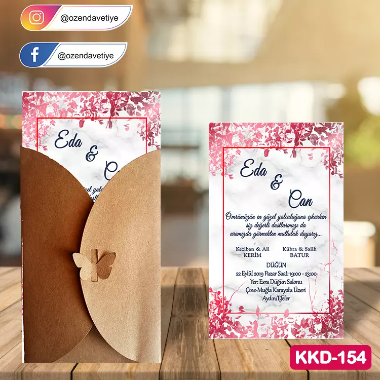 ozen-davetiye-Düğün Davetiyesi - Kelebekli Kraft Zarflı Davetiye Model No:154