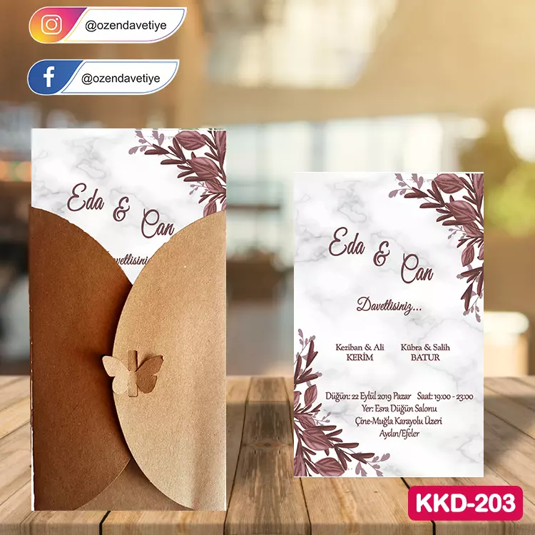 ozen-davetiye-Düğün Davetiyesi - Kelebekli Kraft Zarflı Davetiye Model No:203