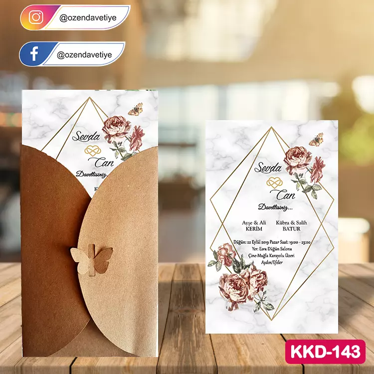 ozen-davetiye-Düğün Davetiyesi - Kelebekli Kraft Zarflı Davetiye Model No:143