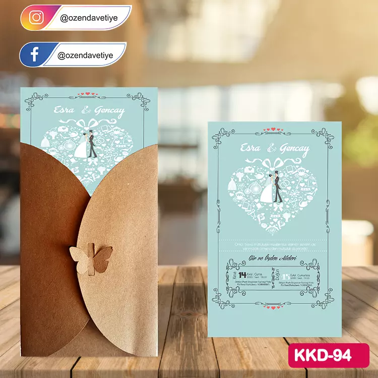 ozen-davetiye-Düğün Davetiyesi - Kelebekli Kraft Zarflı Davetiye Model No:94