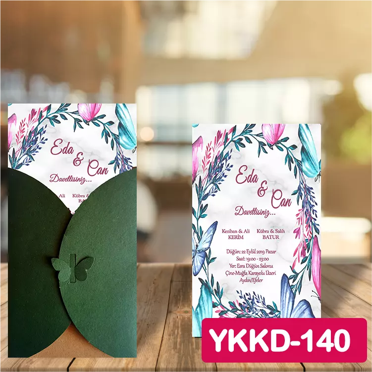 ozen-davetiye-Düğün Davetiyesi - Yeşil Kelebekli Kraft Zarflı Davetiye Model No:140