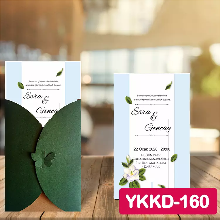 ozen-davetiye-Düğün Davetiyesi - Yeşil Kelebekli Kraft Zarflı Davetiye Model No:160