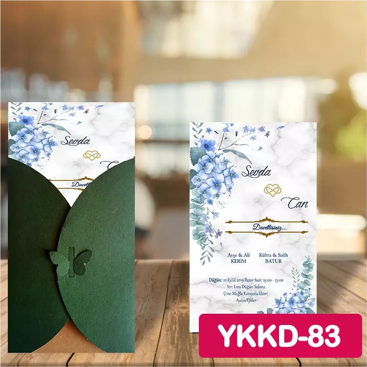 ozen-davetiye-Düğün Davetiyesi - Yeşil Kelebekli Kraft Zarflı Davetiye Model No:83
