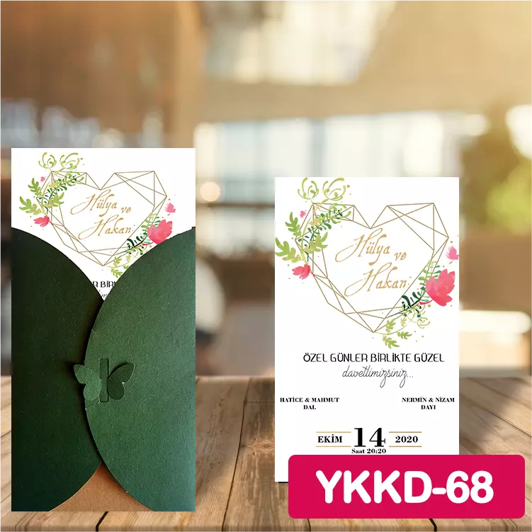 ozen-davetiye-Düğün Davetiyesi - Yeşil Kelebekli Kraft Zarflı Davetiye Model No:68
