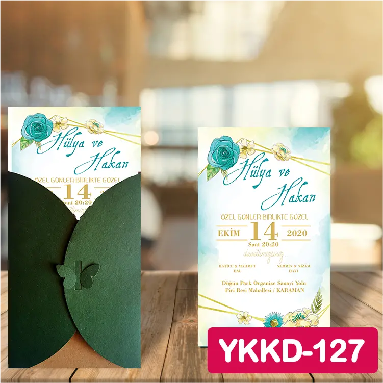 ozen-davetiye-Düğün Davetiyesi - Yeşil Kelebekli Kraft Zarflı Davetiye Model No:127