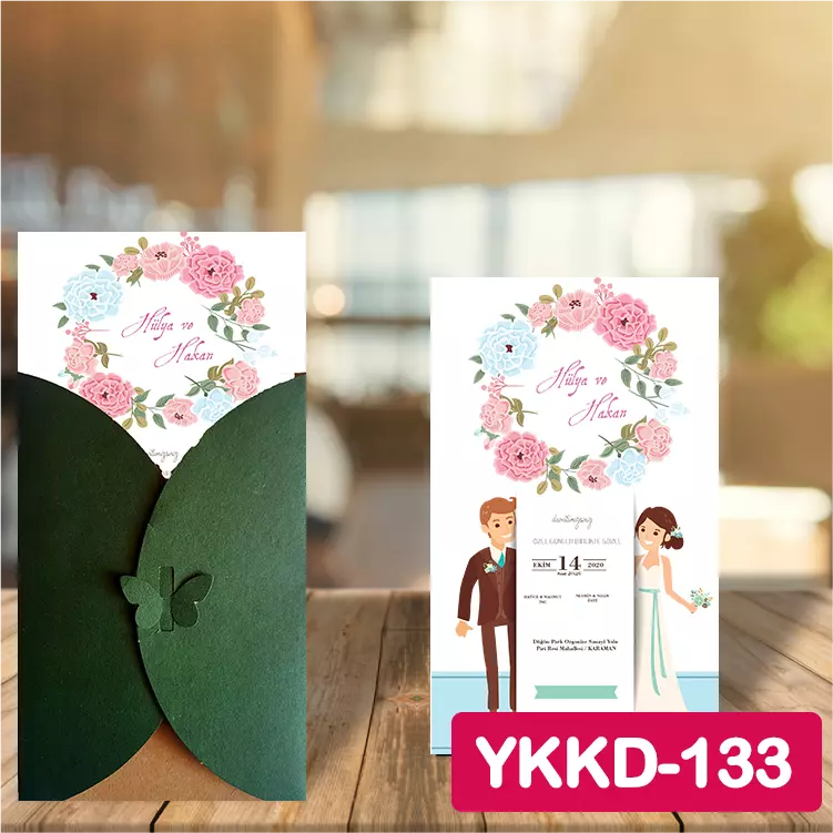 ozen-davetiye-Düğün Davetiyesi - Yeşil Kelebekli Kraft Zarflı Davetiye Model No:133