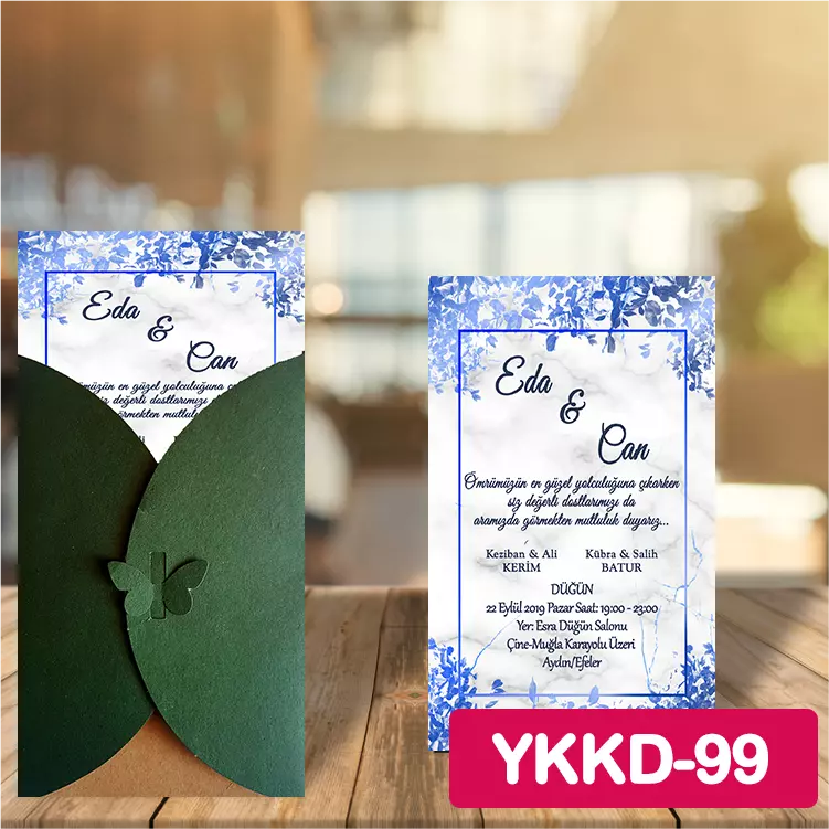ozen-davetiye-Düğün Davetiyesi - Yeşil Kelebekli Kraft Zarflı Davetiye Model No:99