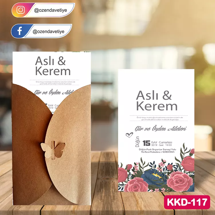 ozen-davetiye-Düğün Davetiyesi - Kelebekli Kraft Zarflı Davetiye Model No:117