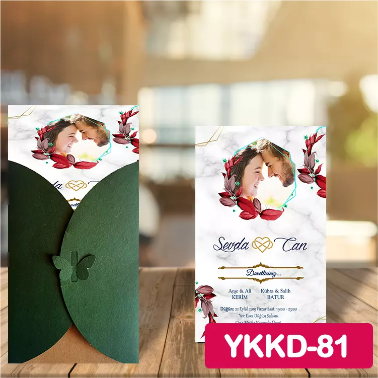 ozen-davetiye-Düğün Davetiyesi - Yeşil Kelebekli Kraft Zarflı Davetiye Model No:81