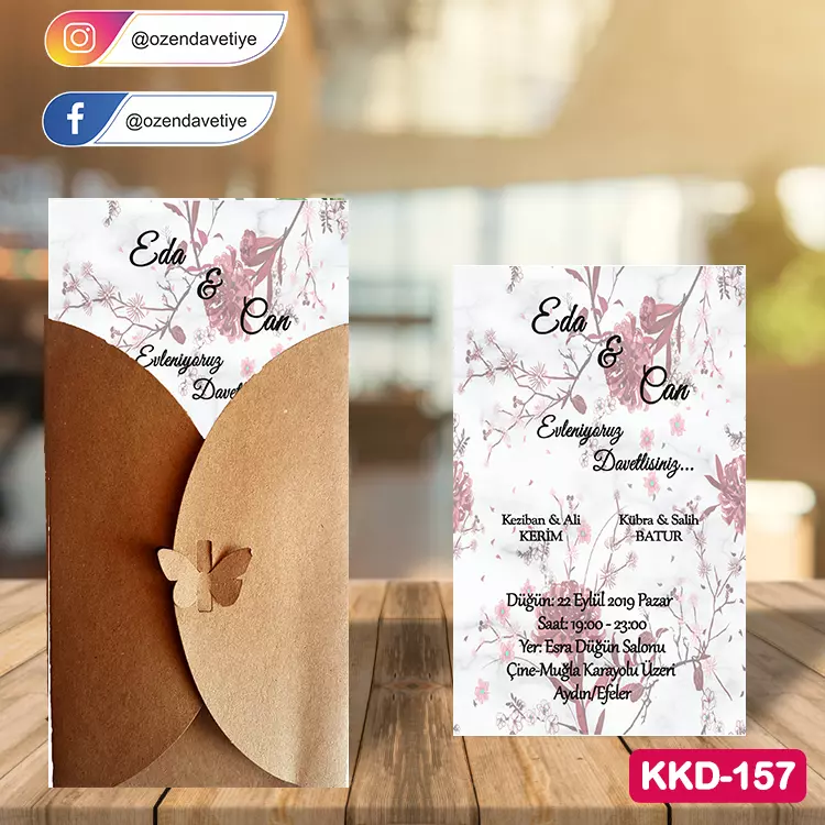 ozen-davetiye-Düğün Davetiyesi - Kelebekli Kraft Zarflı Davetiye Model No:157