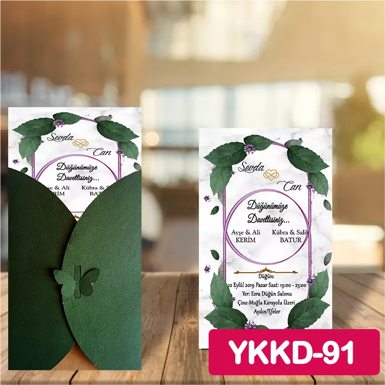 ozen-davetiye-Düğün Davetiyesi - Yeşil Kelebekli Kraft Zarflı Davetiye Model No:91