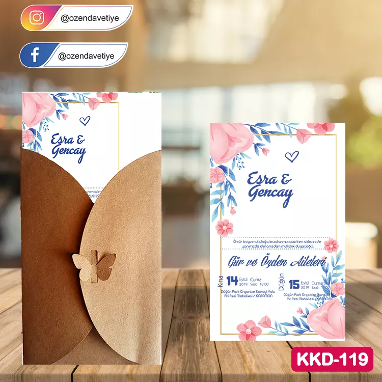 ozen-davetiye-Düğün Davetiyesi - Kelebekli Kraft Zarflı Davetiye Model No:119