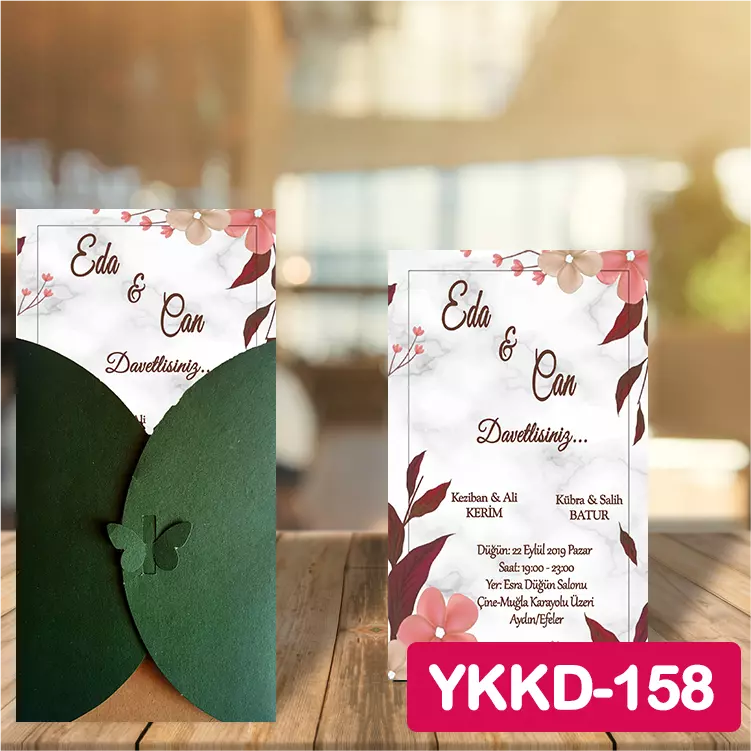 ozen-davetiye-Düğün Davetiyesi - Yeşil Kelebekli Kraft Zarflı Davetiye Model No:158