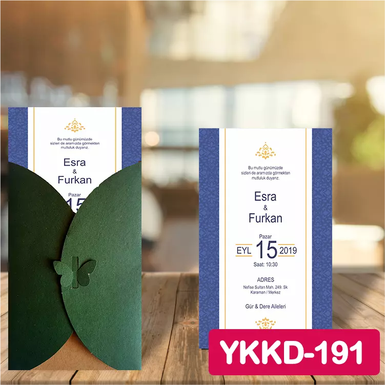 ozen-davetiye-Düğün Davetiyesi - Yeşil Kelebekli Kraft Zarflı Davetiye Model No:191