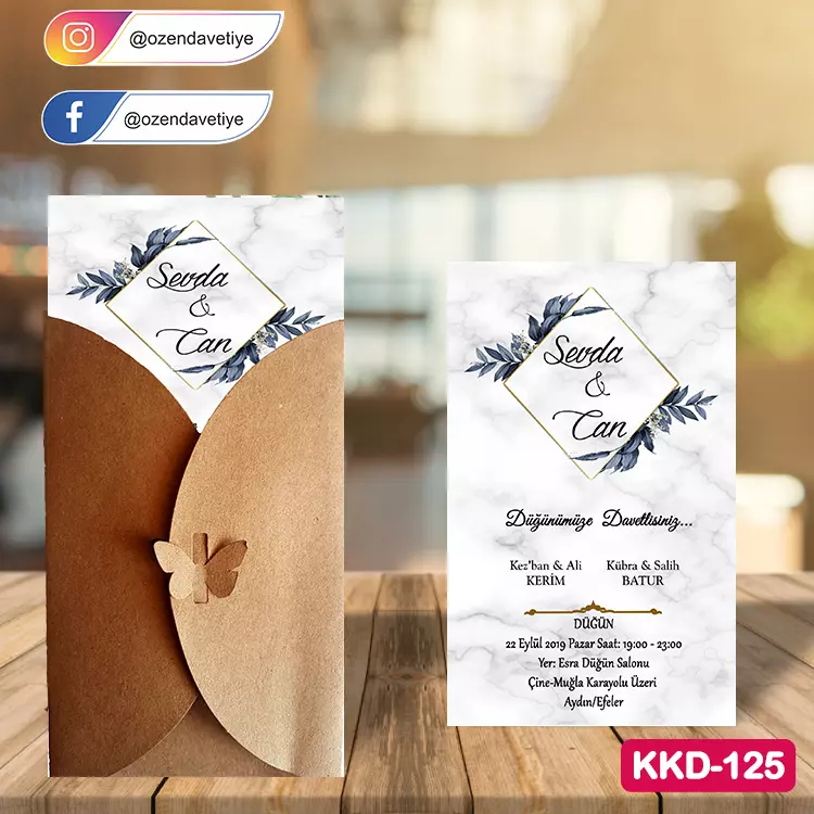 ozen-davetiye-Düğün Davetiyesi - Kelebekli Kraft Zarflı Davetiye Model No:125