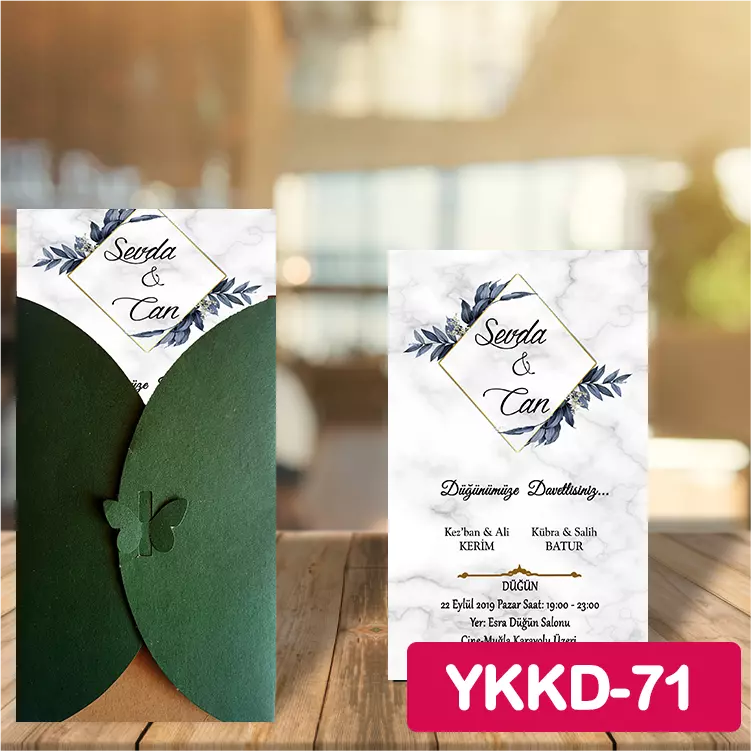 ozen-davetiye-Düğün Davetiyesi - Yeşil Kelebekli Kraft Zarflı Davetiye Model No:71