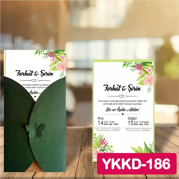 ozen-davetiye-Düğün Davetiyesi - Yeşil Kelebekli Kraft Zarflı Davetiye Model No:186