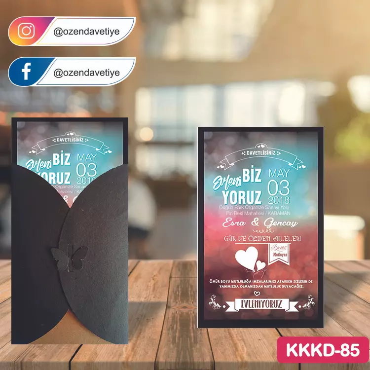 ozen-davetiye-Düğün Davetiyesi - Kahverengi Kelebekli Kraft Zarflı Davetiye Model No:85