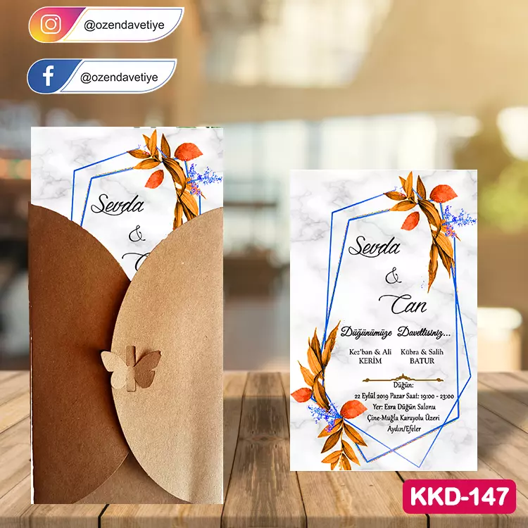 ozen-davetiye-Düğün Davetiyesi - Kelebekli Kraft Zarflı Davetiye Model No:147