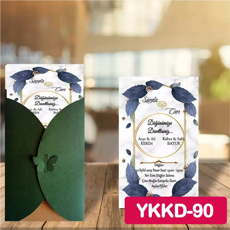 ozen-davetiye-Düğün Davetiyesi - Yeşil Kelebekli Kraft Zarflı Davetiye Model No:90